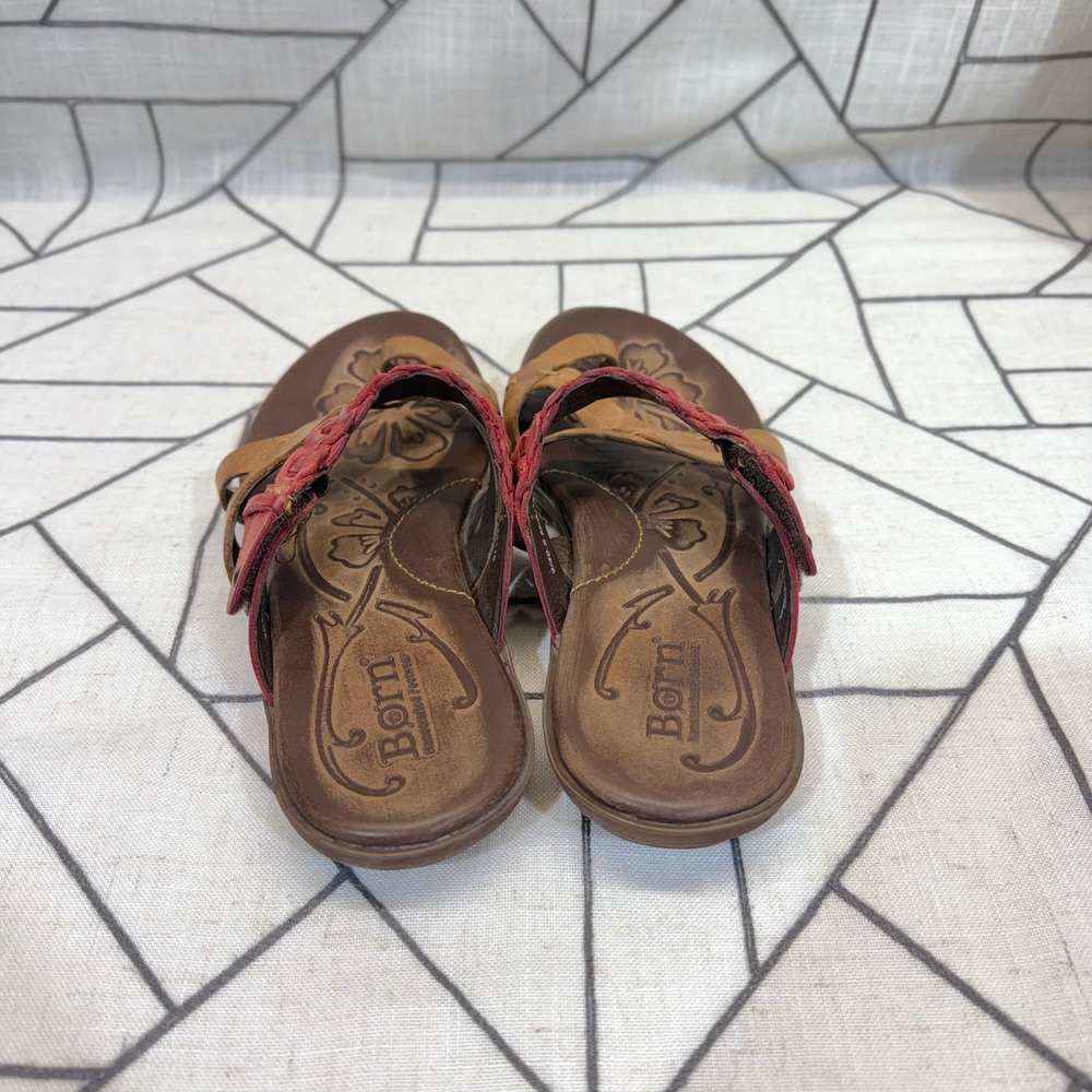 Born Leather Slide Sandals Size 9 Brown Red Braided Strappy Flat D28116 - Picture 5 of 8